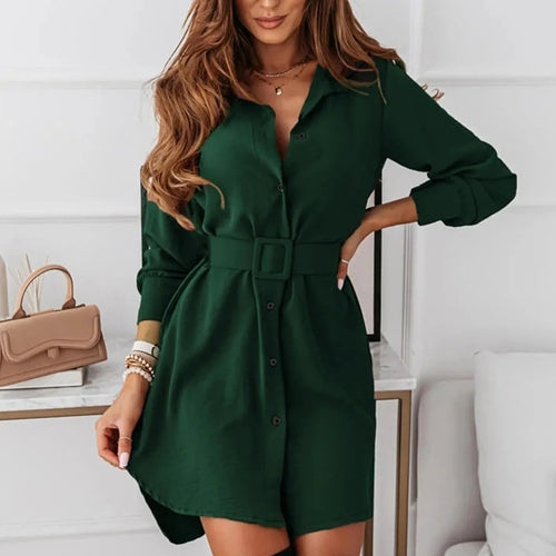 Knee-Length Casual A-Line Slim Fit Shirt Dress with Long Sleeves