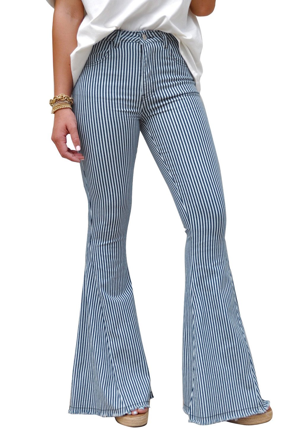 Women's Sky Blue Mile High Pin Stripe Bell Bottoms – High Rise, Flared Pants with Raw Hem