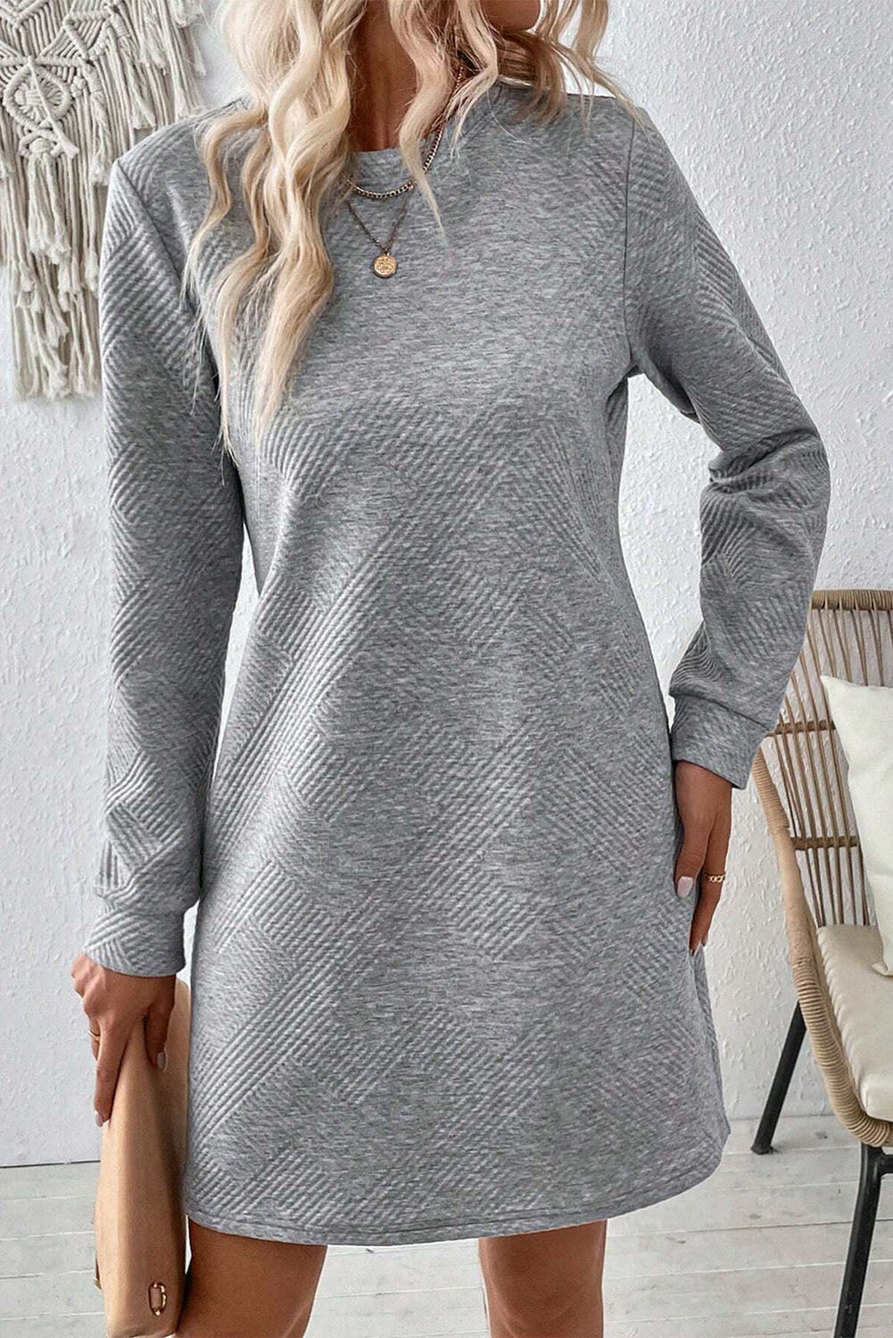 Apricot Textured Long Sleeve Mini Shift Dress – Chic and Cozy with Crew Neck for Effortless Style