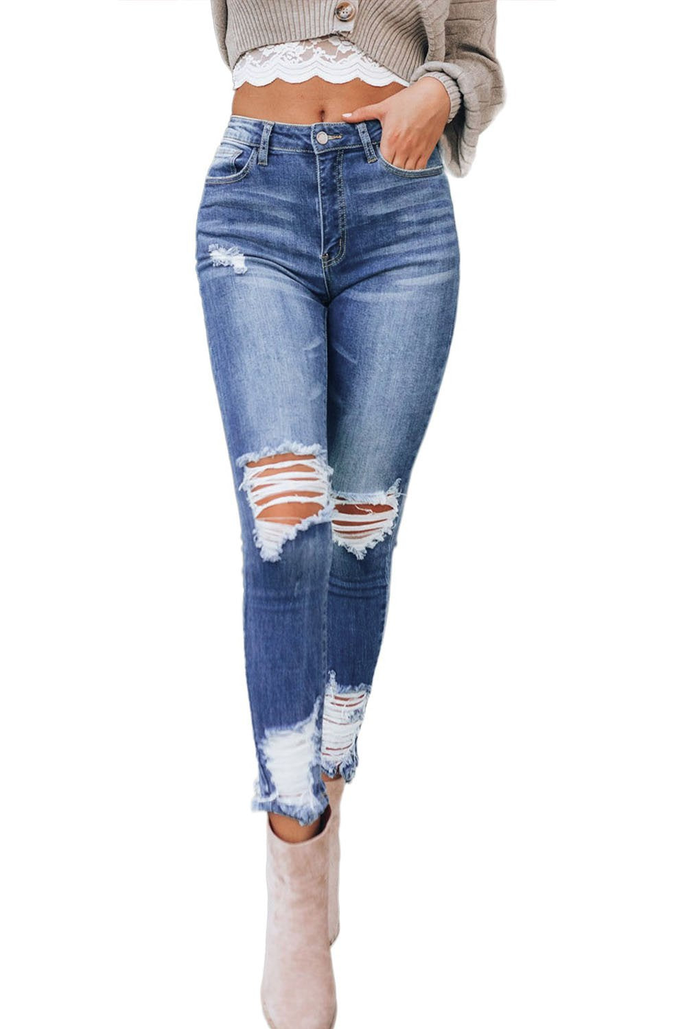 Dark Blue Washed Distressed Slits Skinny Jeans – High Waist, Cropped Ankle