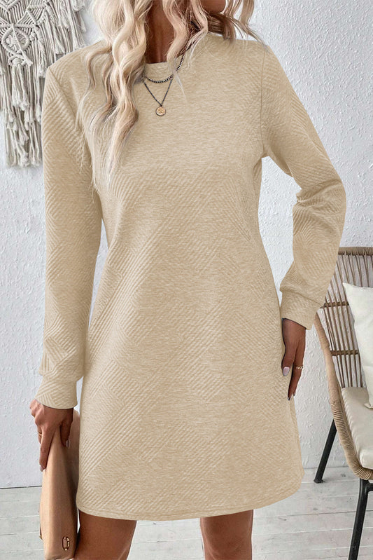 Apricot Textured Long Sleeve Mini Shift Dress – Chic and Cozy with Crew Neck for Effortless Style