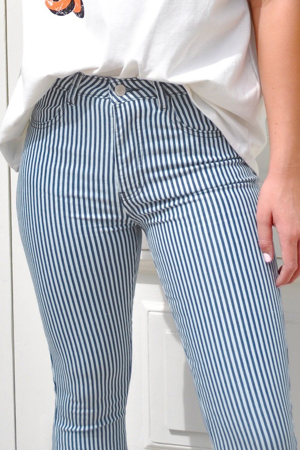 Women's Sky Blue Mile High Pin Stripe Bell Bottoms – High Rise, Flared Pants with Raw Hem