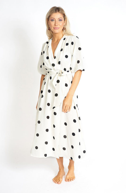 Athens Modest Cut Polka Dot Maxi Dress – V-Neck, Cinched Waist, Adjustable Sleeves