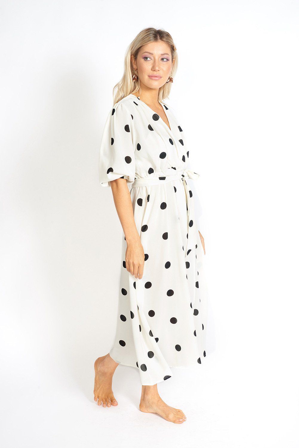 Athens Modest Cut Polka Dot Maxi Dress – V-Neck, Cinched Waist, Adjustable Sleeves