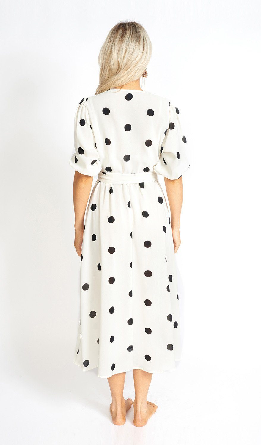 Athens Modest Cut Polka Dot Maxi Dress – V-Neck, Cinched Waist, Adjustable Sleeves