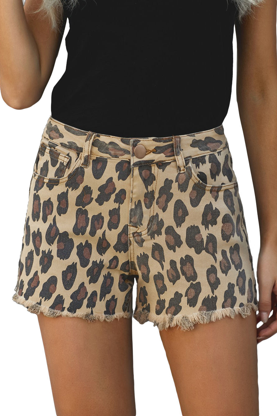 Brown Leopard Mid Waist Frayed Hemline Jean Shorts – Retro Street Fashion with Pockets