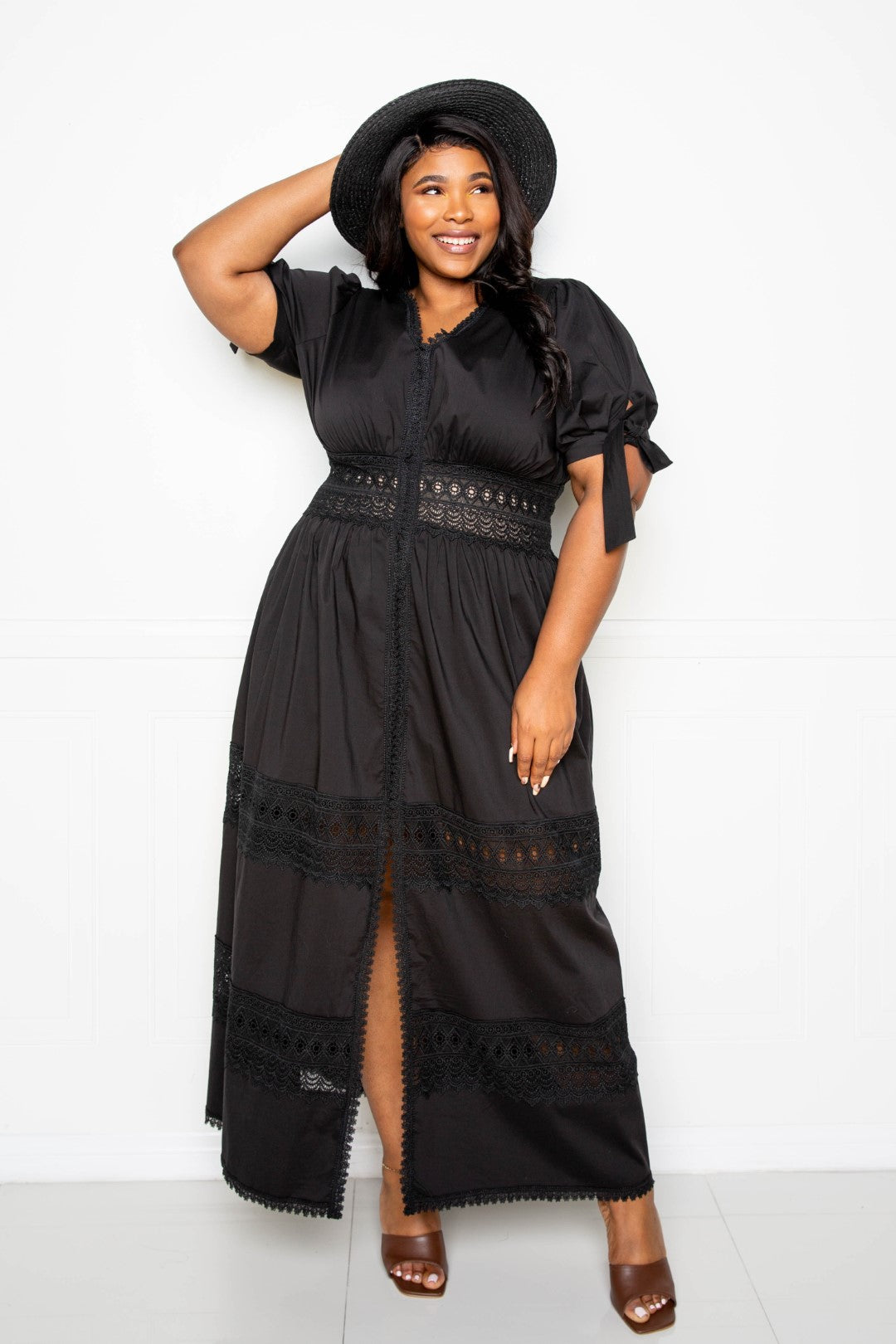 Elegant Puff Sleeve Maxi Dress with Lace Insert – Stylish Long Sleeve Dress for Special Occasions