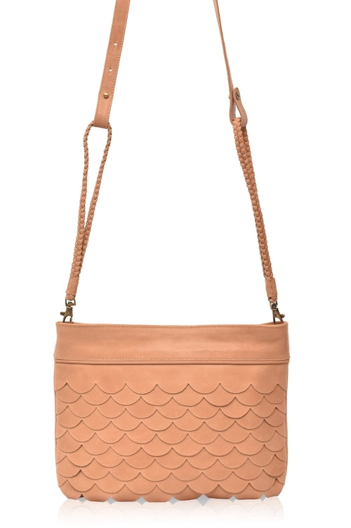 Cascade Crossbody Clutch | Handmade Leather Scallop Purse with Woven Strap