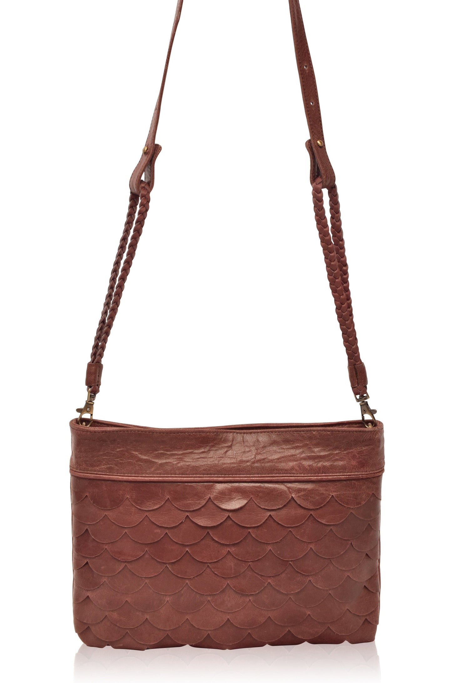 Cascade Crossbody Clutch | Handmade Leather Scallop Purse with Woven Strap