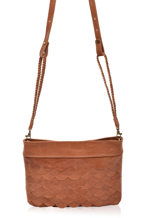 Cascade Crossbody Clutch | Handmade Leather Scallop Purse with Woven Strap