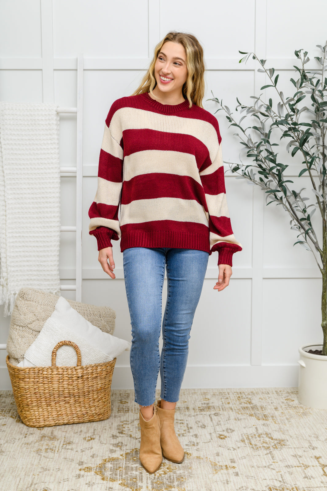 Lucky Strike Top in Burgundy – Striped Knit Sweater, Relaxed Fit, Medium Weight