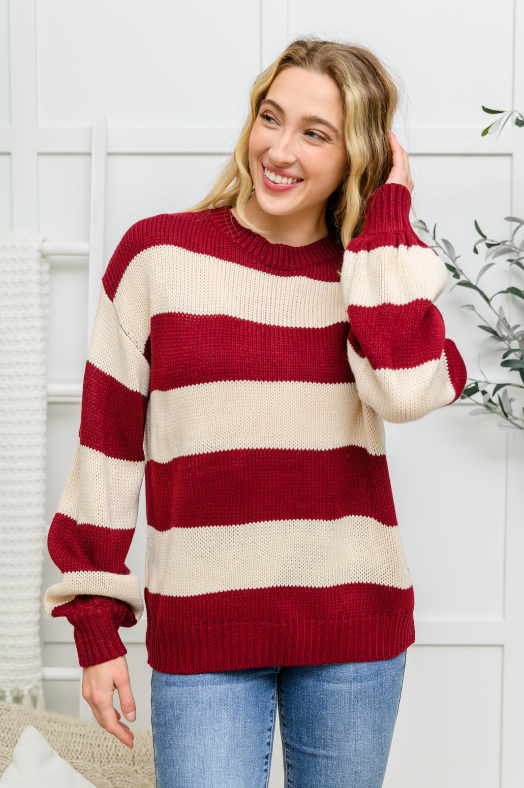 Lucky Strike Top in Burgundy – Striped Knit Sweater, Relaxed Fit, Medium Weight