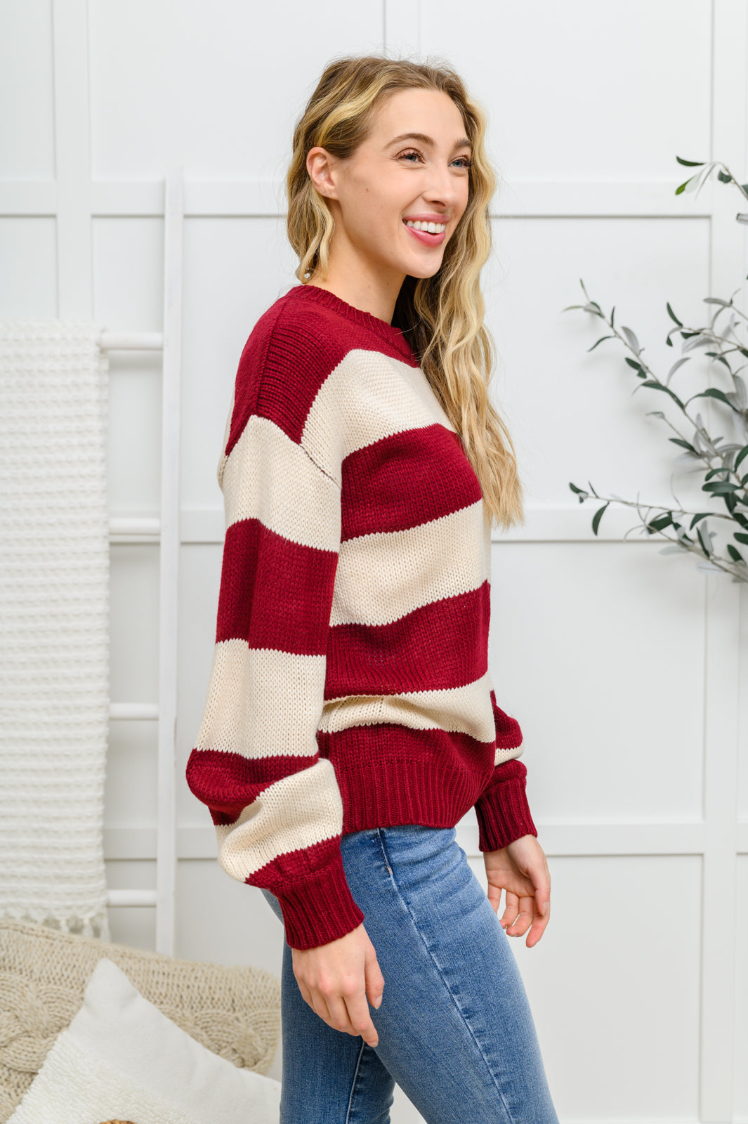 Lucky Strike Top in Burgundy – Striped Knit Sweater, Relaxed Fit, Medium Weight