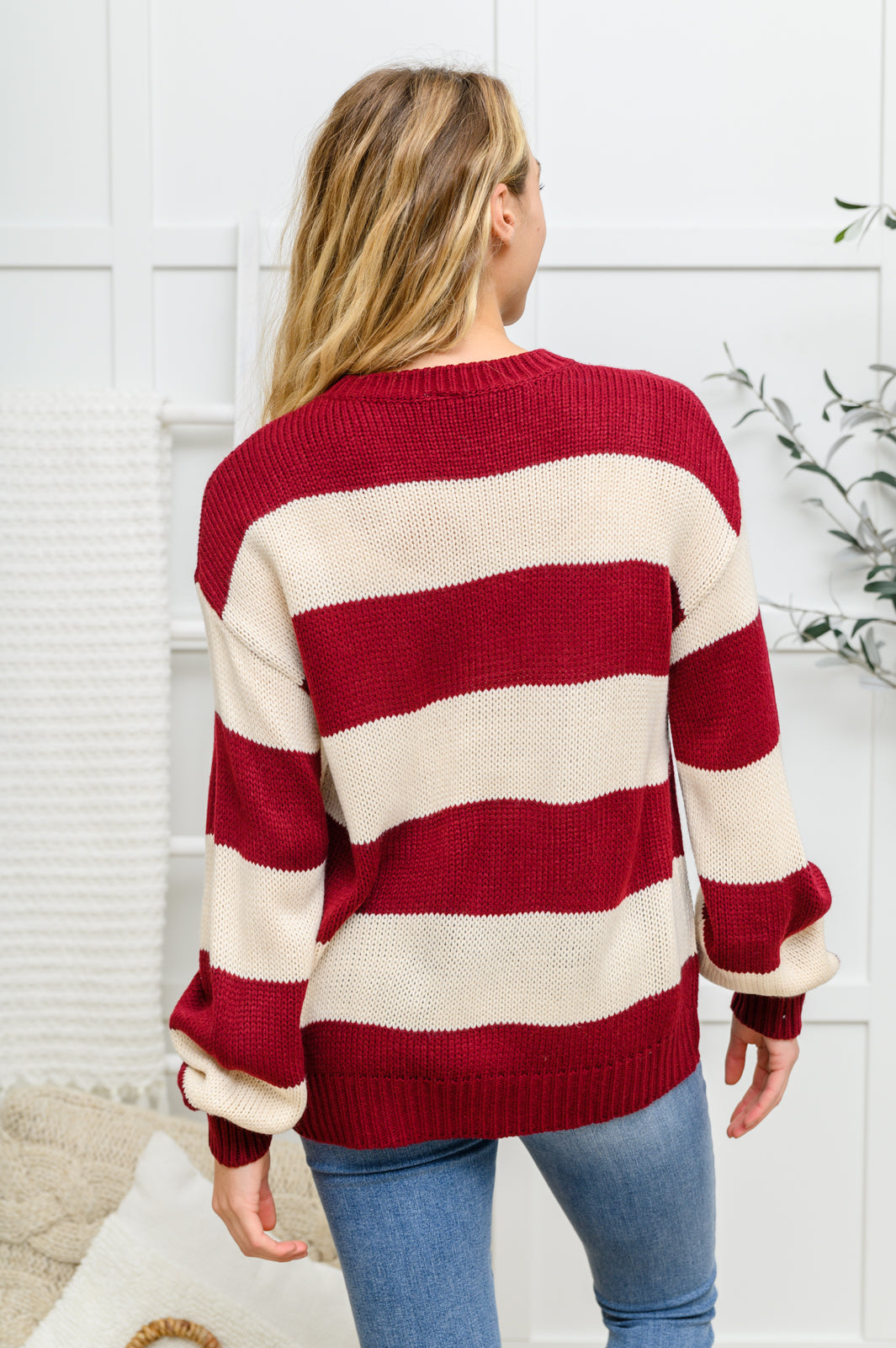 Lucky Strike Top in Burgundy – Striped Knit Sweater, Relaxed Fit, Medium Weight