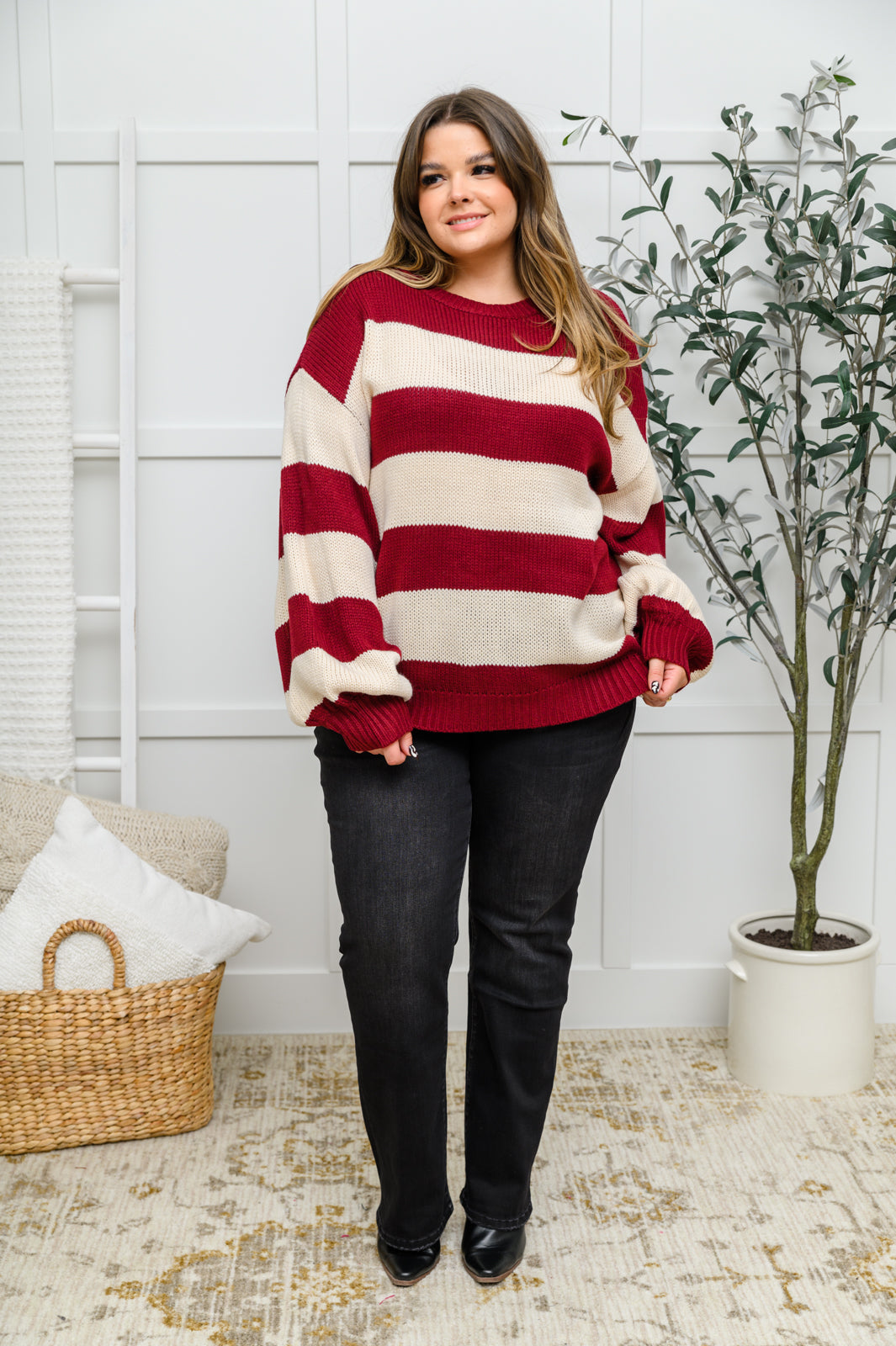 Lucky Strike Top in Burgundy – Striped Knit Sweater, Relaxed Fit, Medium Weight