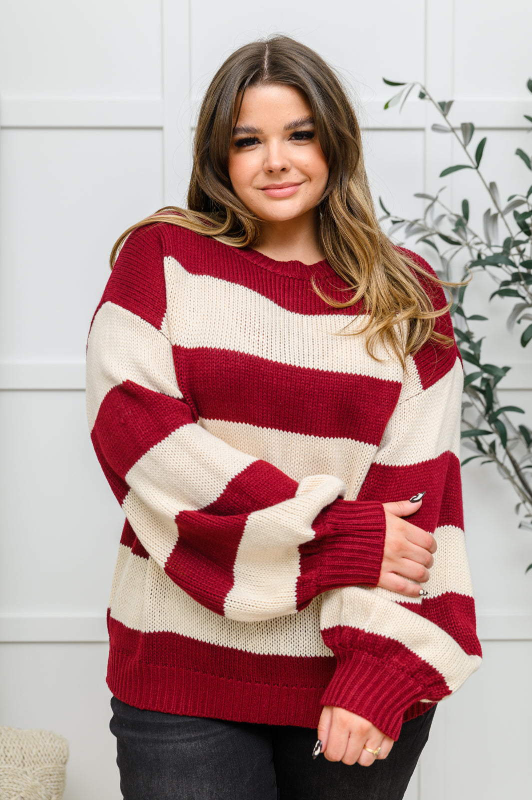 Lucky Strike Top in Burgundy – Striped Knit Sweater, Relaxed Fit, Medium Weight