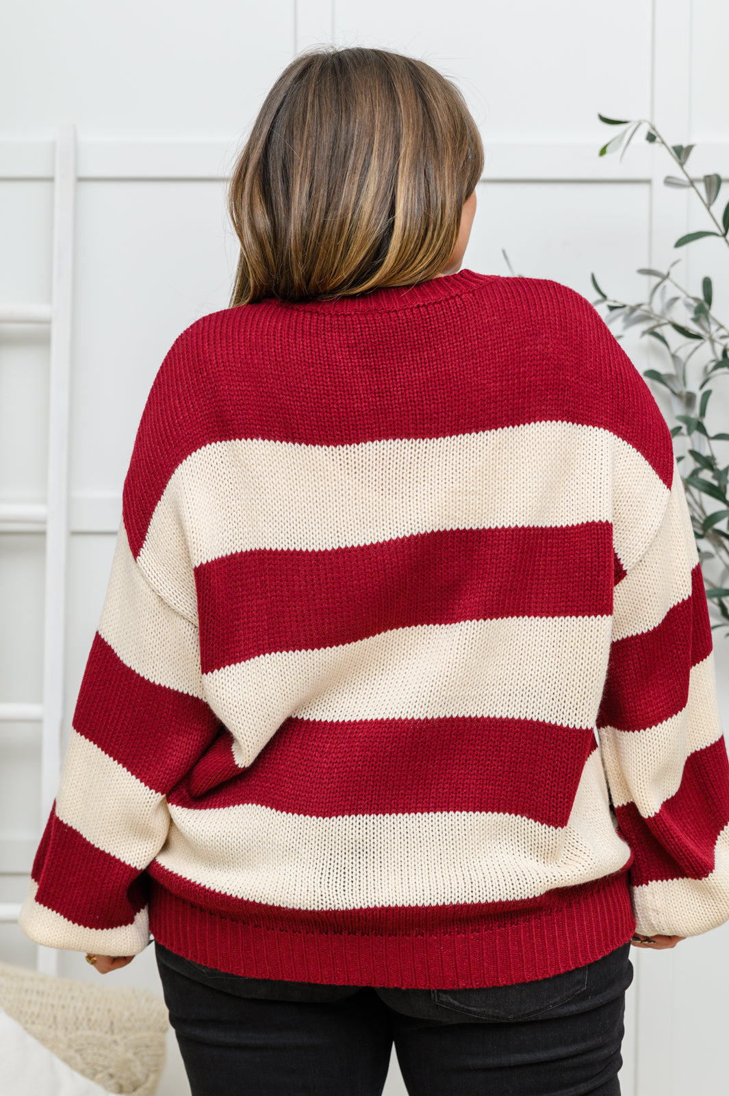 Lucky Strike Top in Burgundy – Striped Knit Sweater, Relaxed Fit, Medium Weight