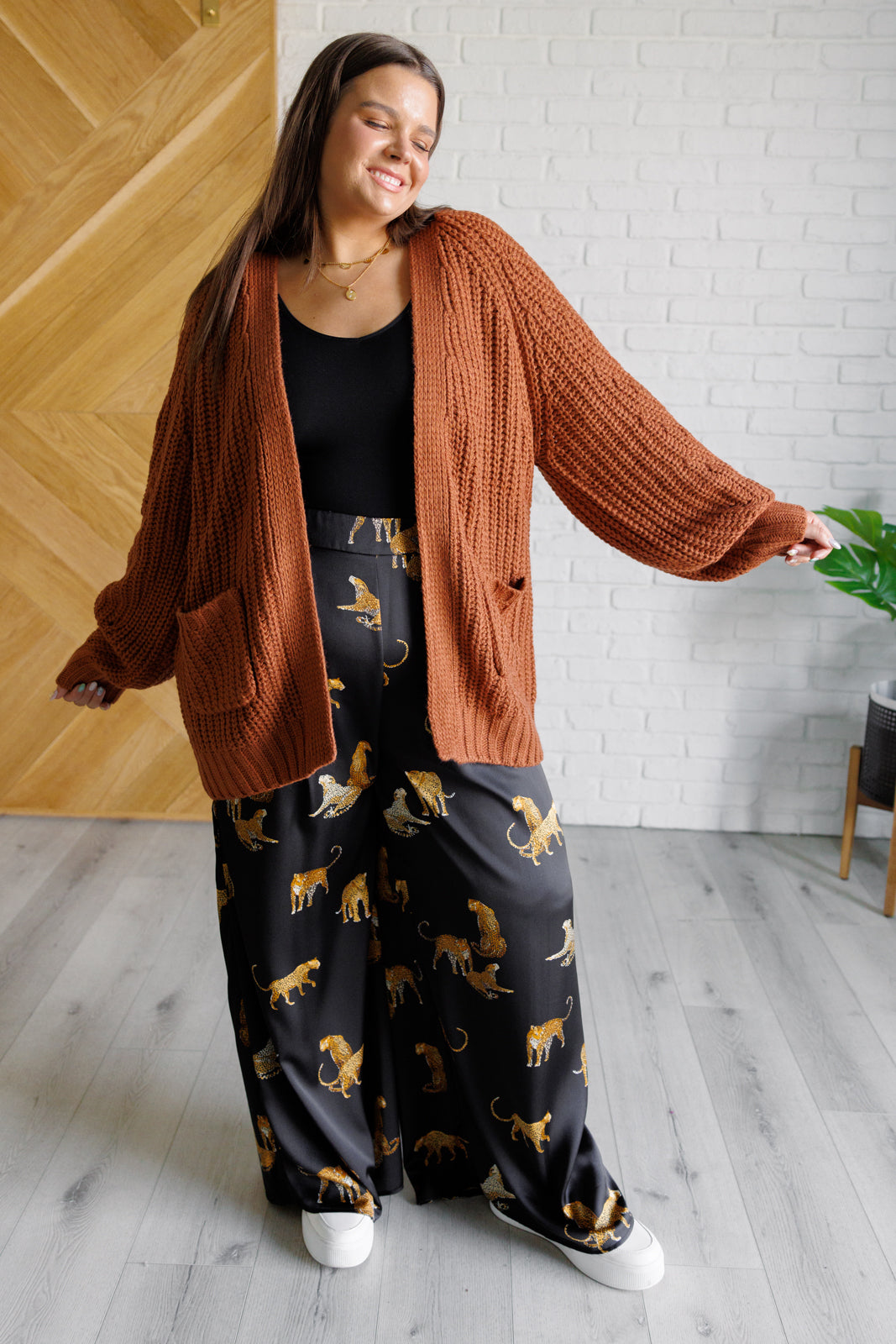 Maybe Monday Cardigan in Chestnut – Cozy Sweater Knit Open Front Cardigan with Balloon Sleeves