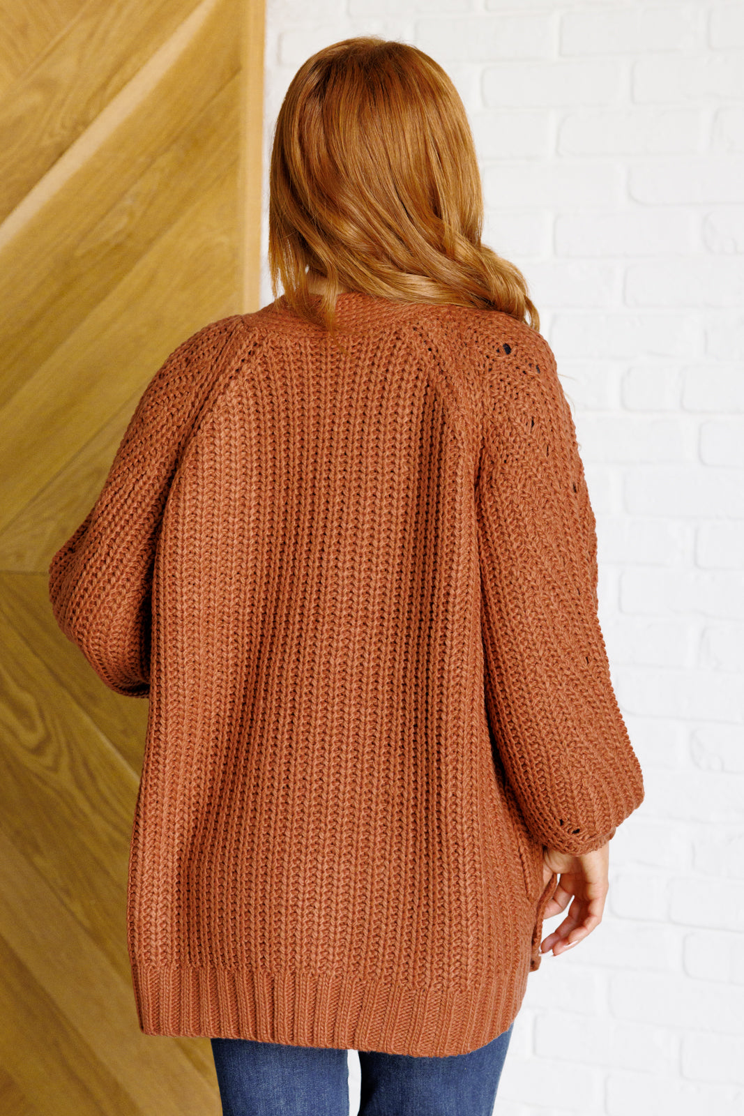 Maybe Monday Cardigan in Chestnut – Cozy Sweater Knit Open Front Cardigan with Balloon Sleeves