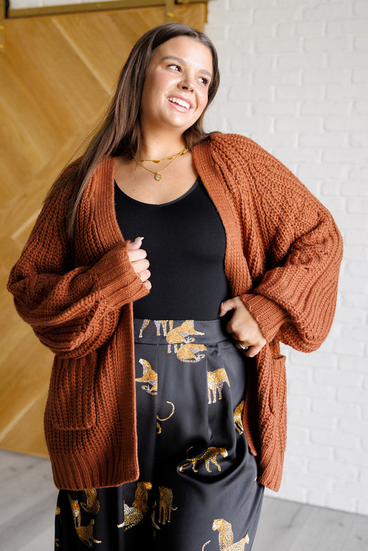 Maybe Monday Cardigan in Chestnut – Cozy Sweater Knit Open Front Cardigan with Balloon Sleeves