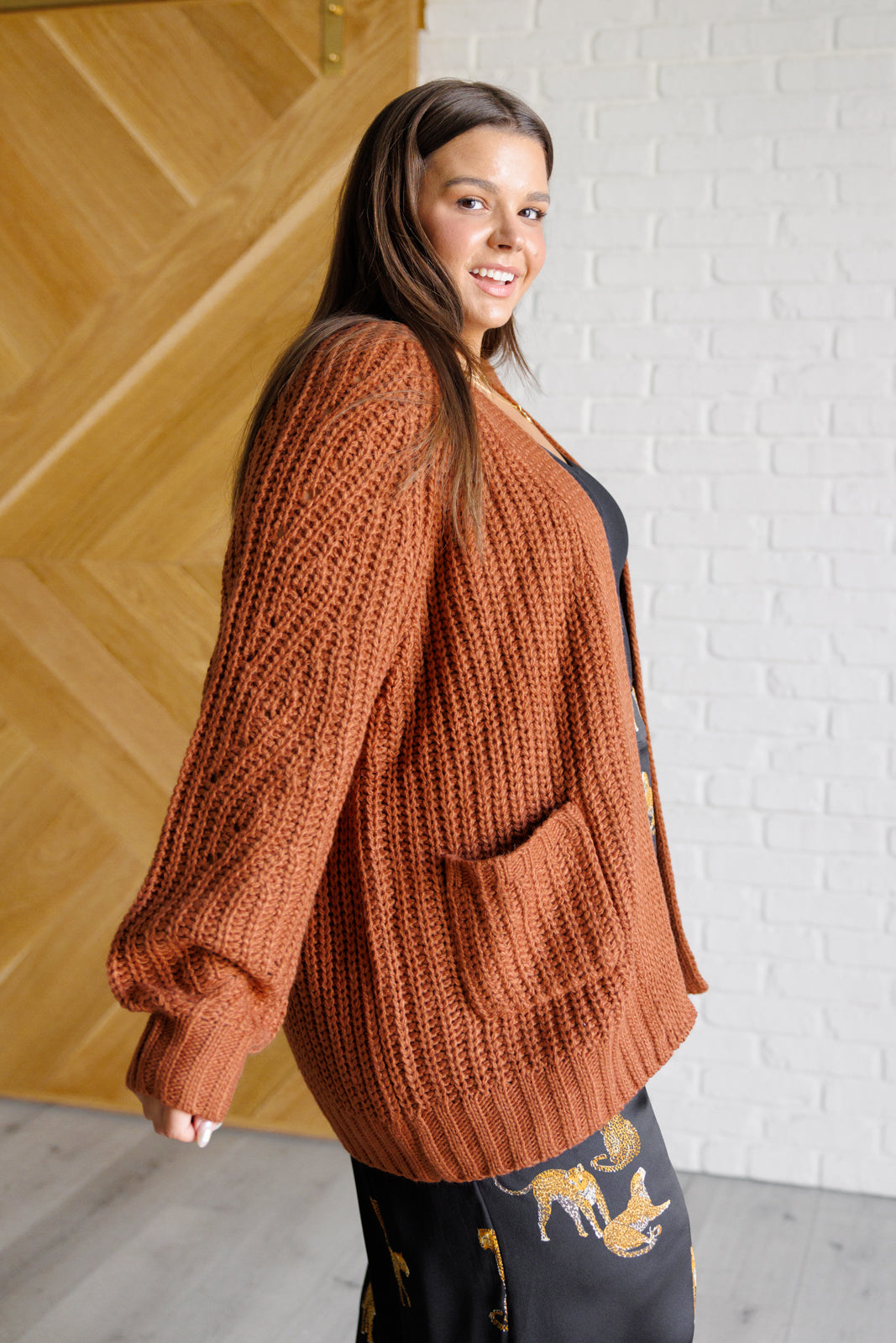 Maybe Monday Cardigan in Chestnut – Cozy Sweater Knit Open Front Cardigan with Balloon Sleeves