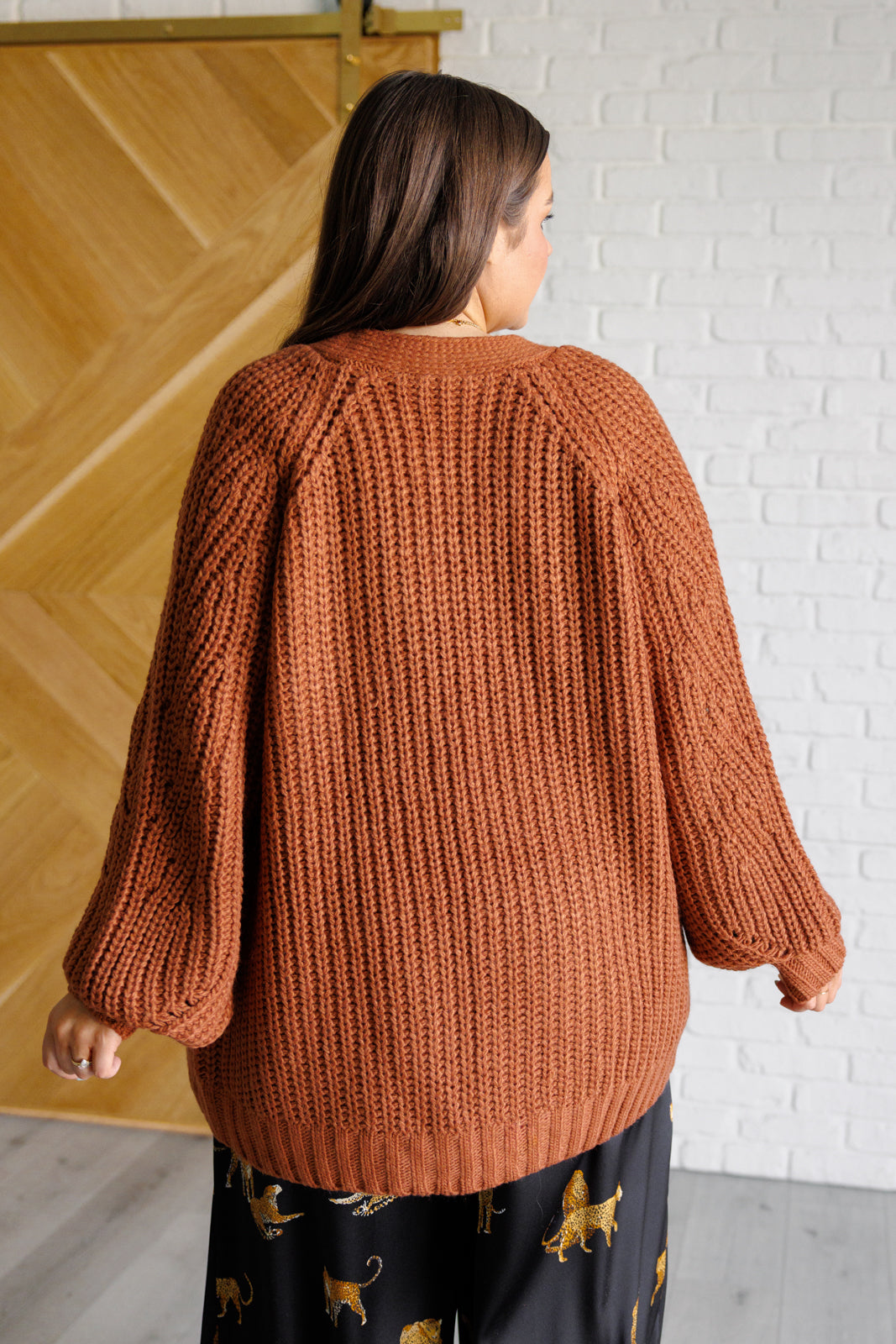 Maybe Monday Cardigan in Chestnut – Cozy Sweater Knit Open Front Cardigan with Balloon Sleeves