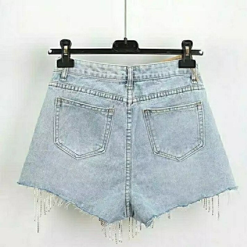 Summer Ripped High Waist Tassel Diamond Beaded Denim Shorts - Y2K Casual