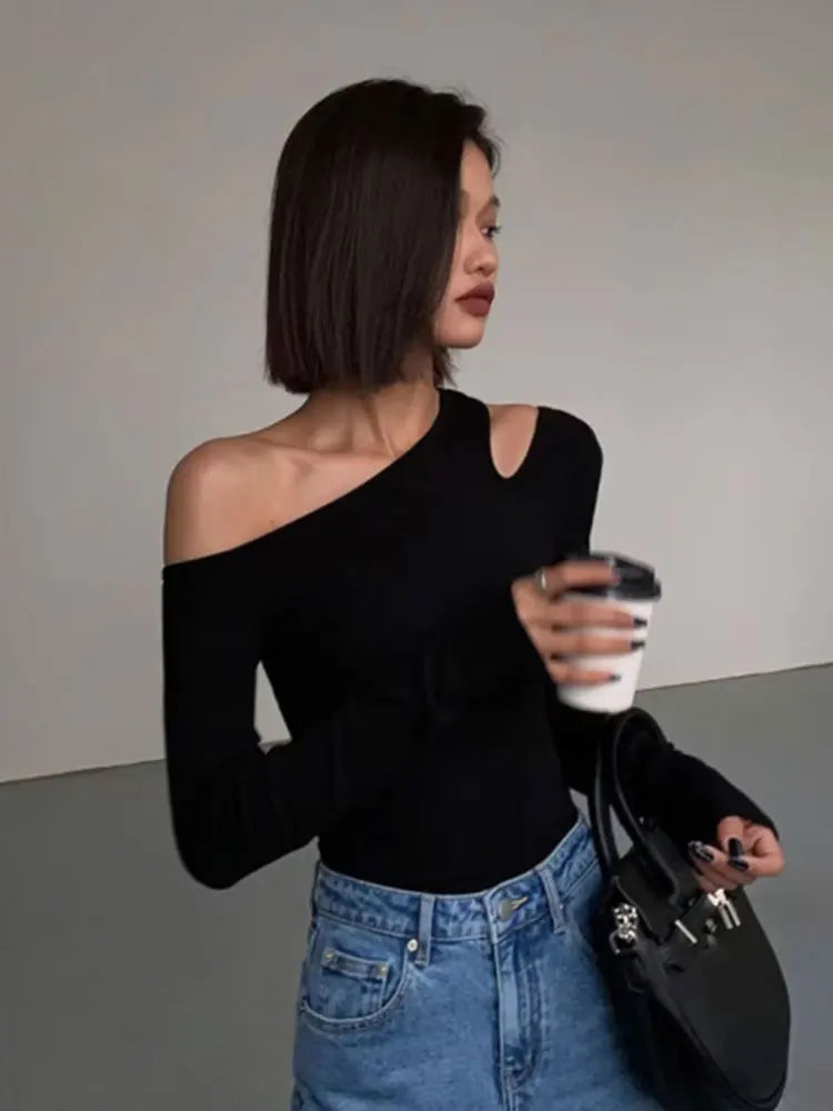 Skew Collar Off-Shoulder Long-Sleeved T-Shirt for Women – Trendy Spring Top