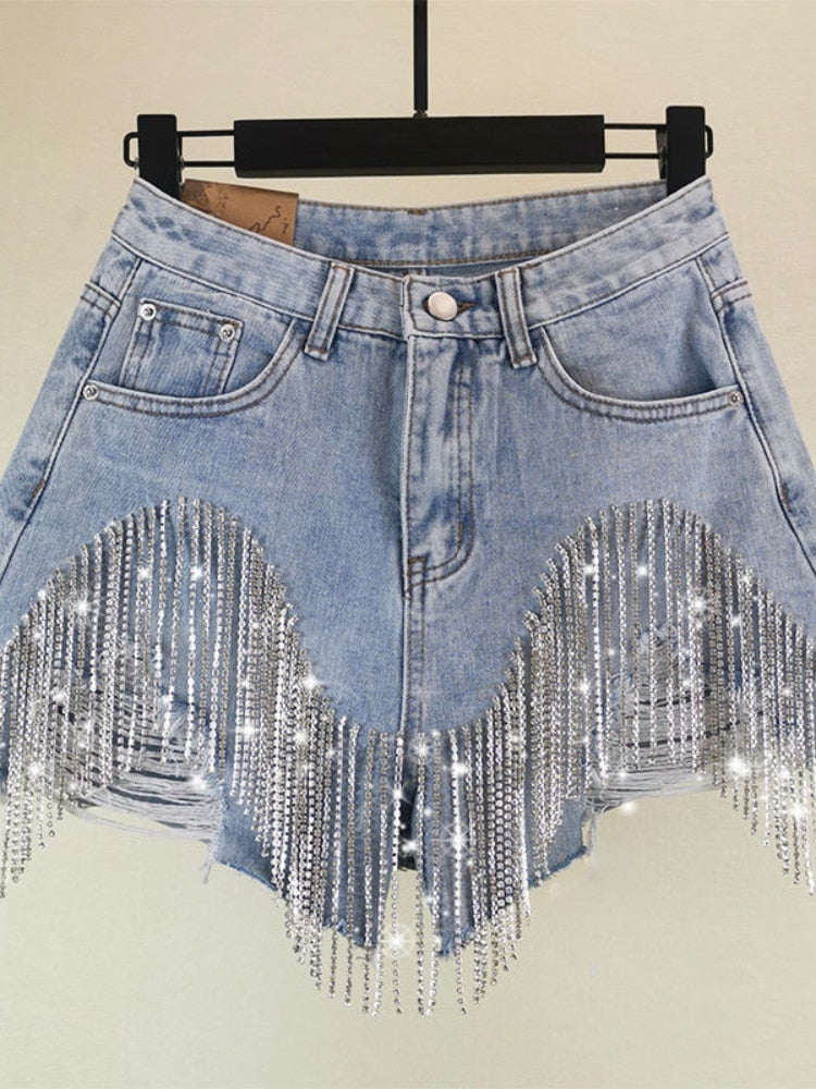 Summer Ripped High Waist Tassel Diamond Beaded Denim Shorts - Y2K Casual