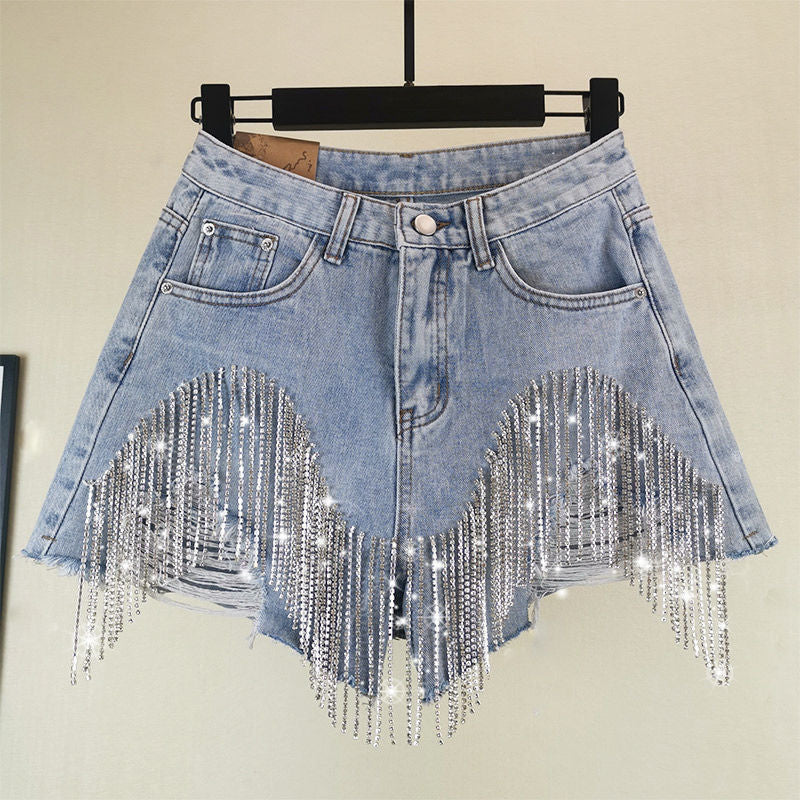 Summer Ripped High Waist Tassel Diamond Beaded Denim Shorts - Y2K Casual