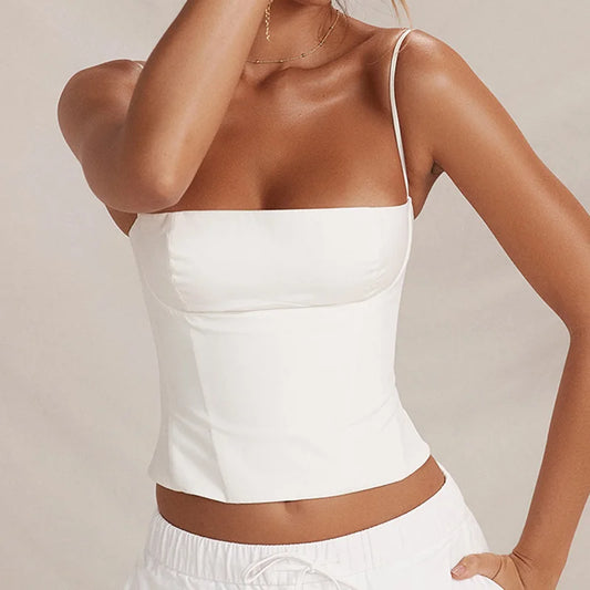 Elegant Vintage Summer Backless Bustier Crop Top – Zip-Up Skinny Corset Style