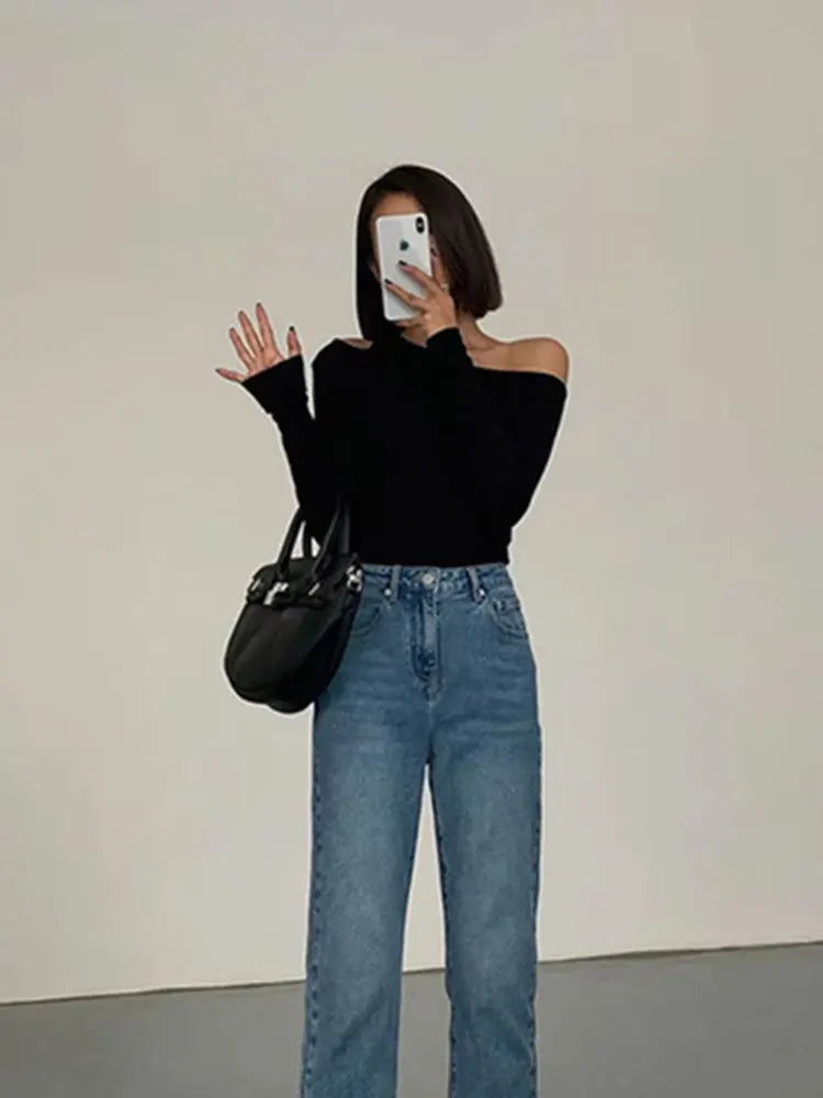 Skew Collar Off-Shoulder Long-Sleeved T-Shirt for Women – Trendy Spring Top