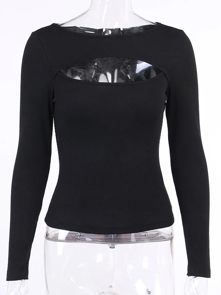 Autumn Women’s Hollow Out Solid Long Sleeve Knitted T-Shirt – Black & White, Comfortable & Versatile