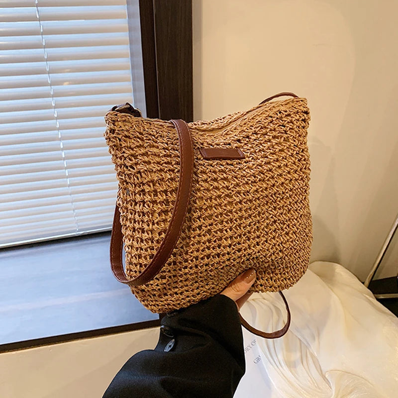 Bohemian Straw Beach Bag for Women - High Capacity Handmade Shoulder Bag