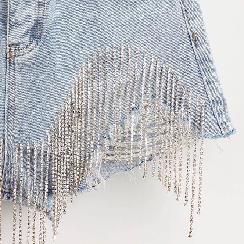 Summer Ripped High Waist Tassel Diamond Beaded Denim Shorts - Y2K Casual