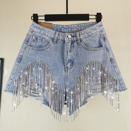 Summer Ripped High Waist Tassel Diamond Beaded Denim Shorts - Y2K Casual