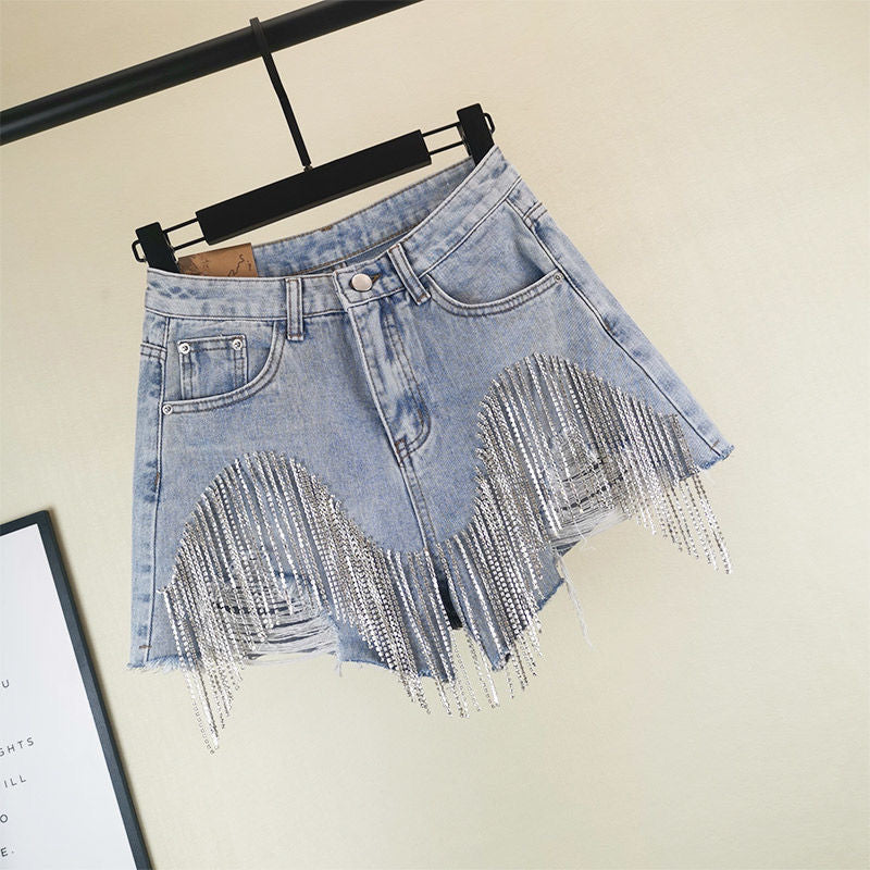 Summer Ripped High Waist Tassel Diamond Beaded Denim Shorts - Y2K Casual