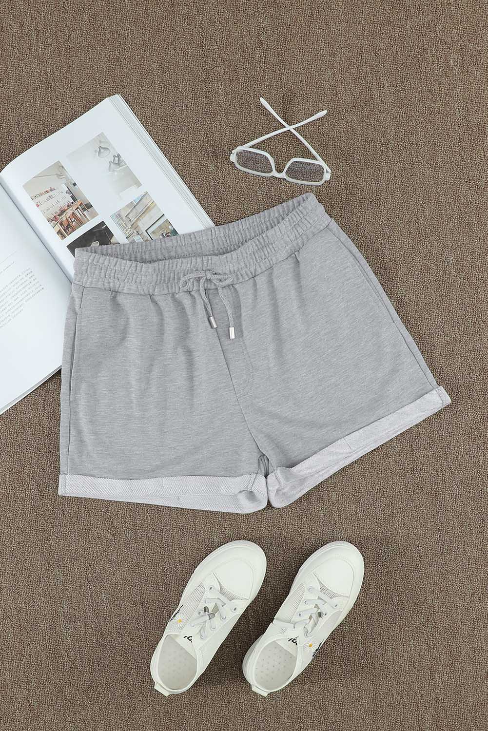 Summer Women’s Grey Tie Waist Cuffed Lounge Shorts with Side Pockets – Casual Comfort for Daily Wear