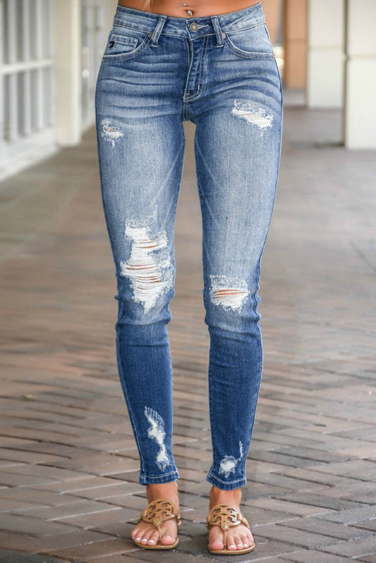 Destroyed Skinny Fit Women's Jeans – Vintage Washed with Distressed Detail