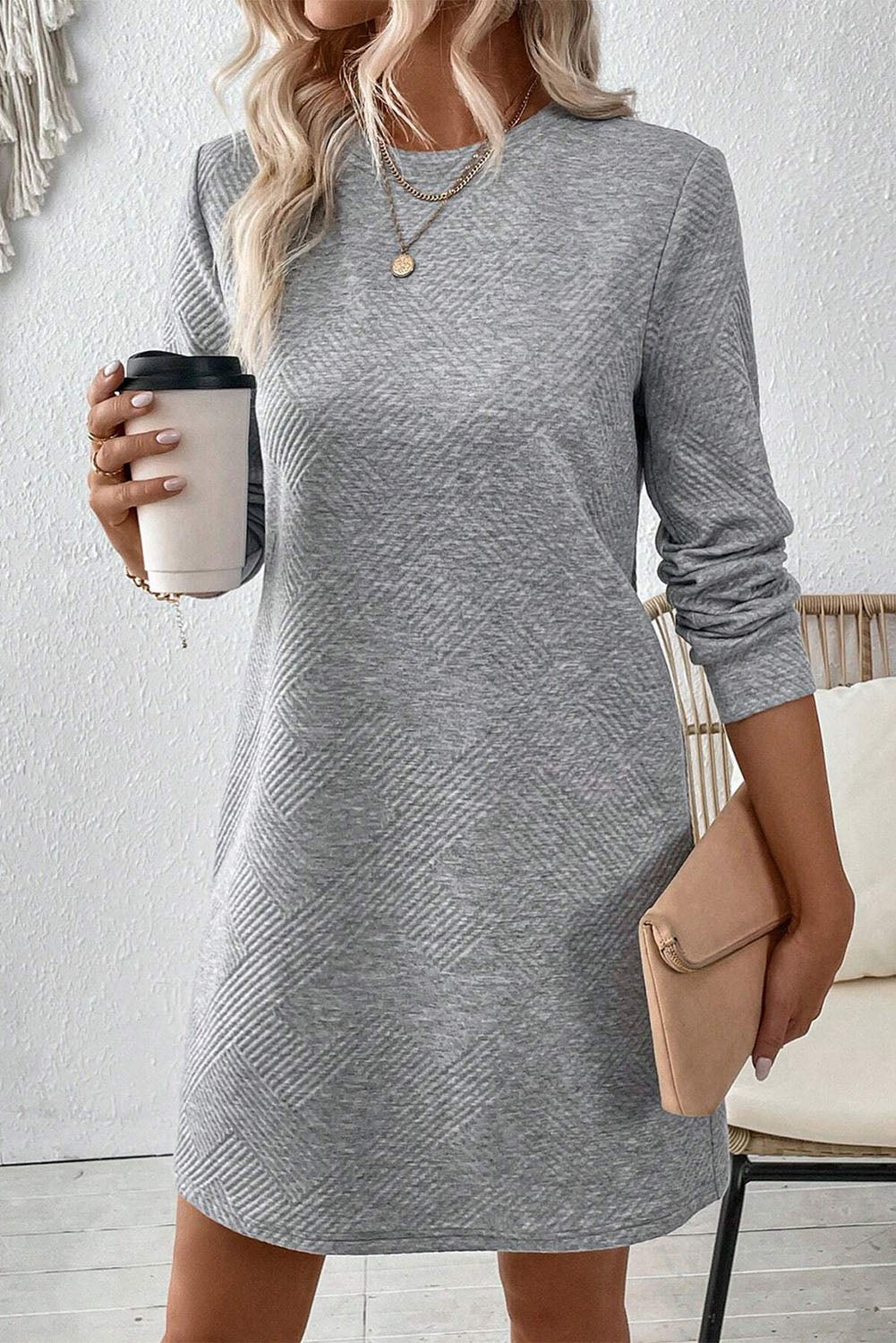 Apricot Textured Long Sleeve Mini Shift Dress – Chic and Cozy with Crew Neck for Effortless Style