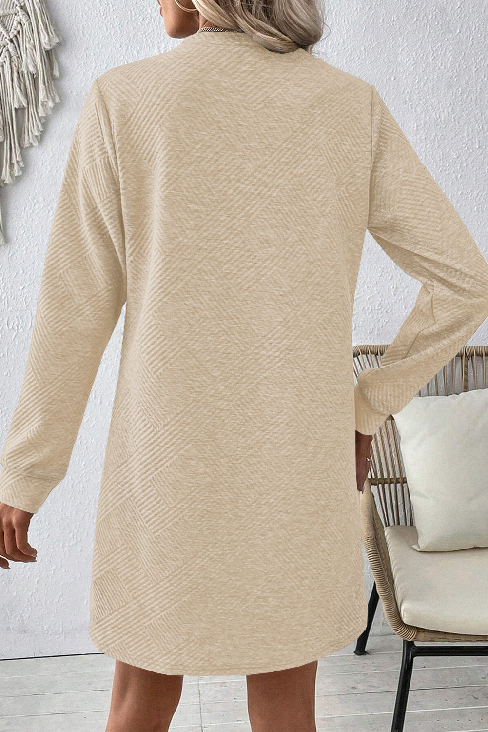 Apricot Textured Long Sleeve Mini Shift Dress – Chic and Cozy with Crew Neck for Effortless Style